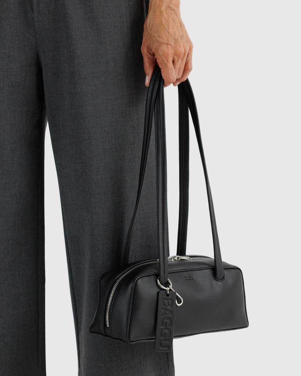 Small Recycled Leather Bowler Bag in Black - Practical Use