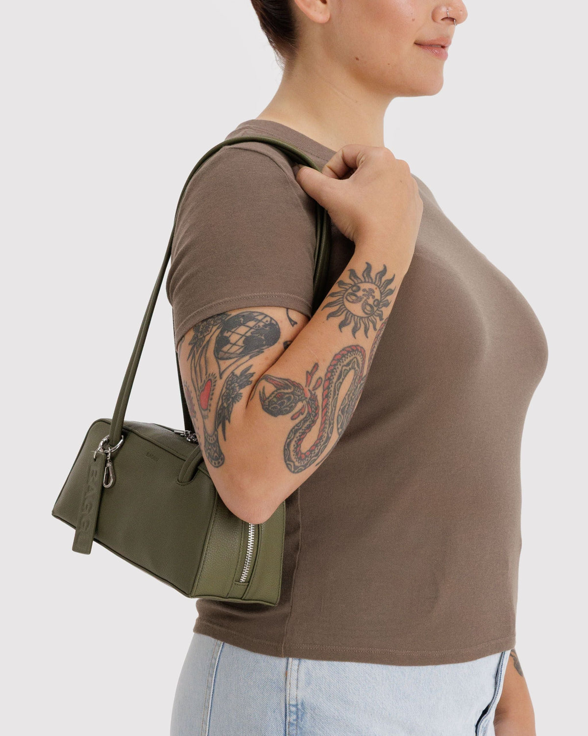 Small Recycled Leather Bowler Bag in Loden - Practical Use