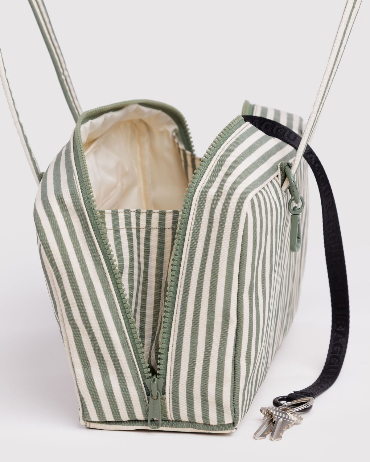 Nylon Bowler Bag in Sage Stripe for Comfortable Crossbody Style