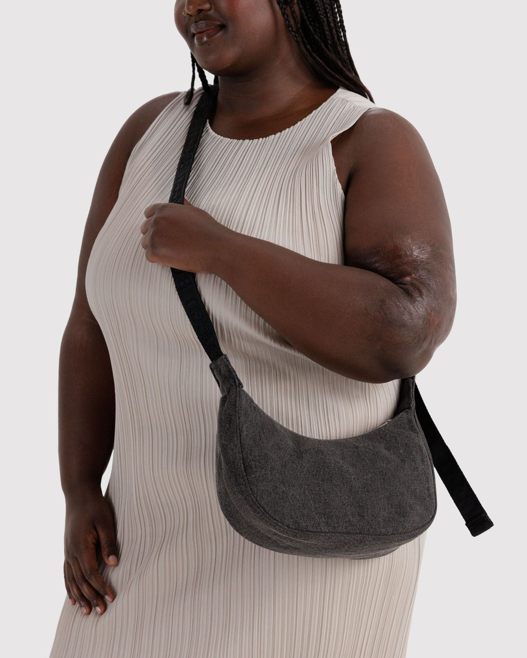 Small Denim Crescent Bag in Washed Black Denim - Practical Use