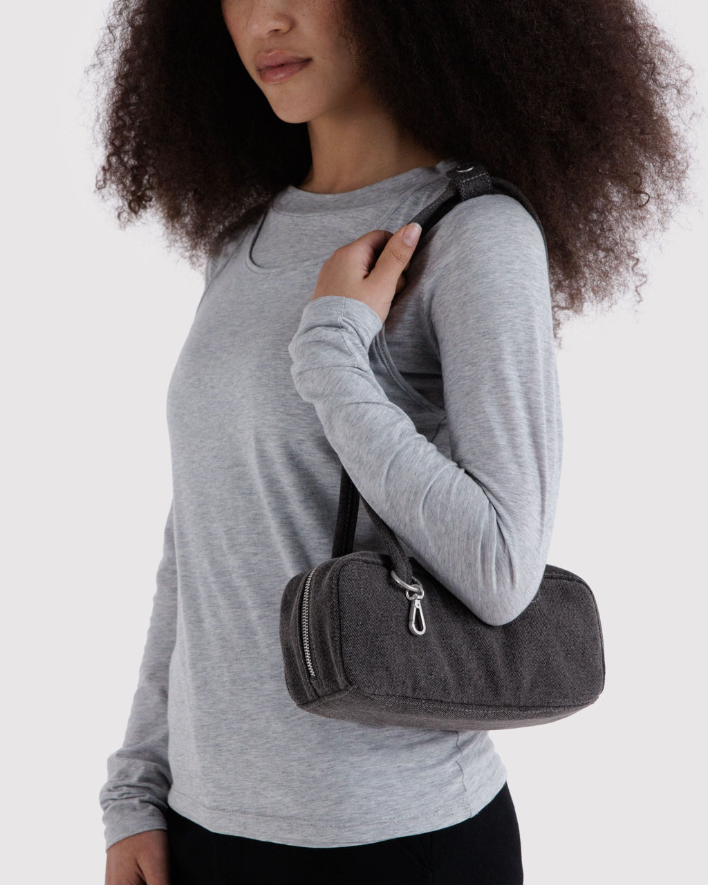 Small Denim Bowler Bag in Washed Black Denim - Practical Use