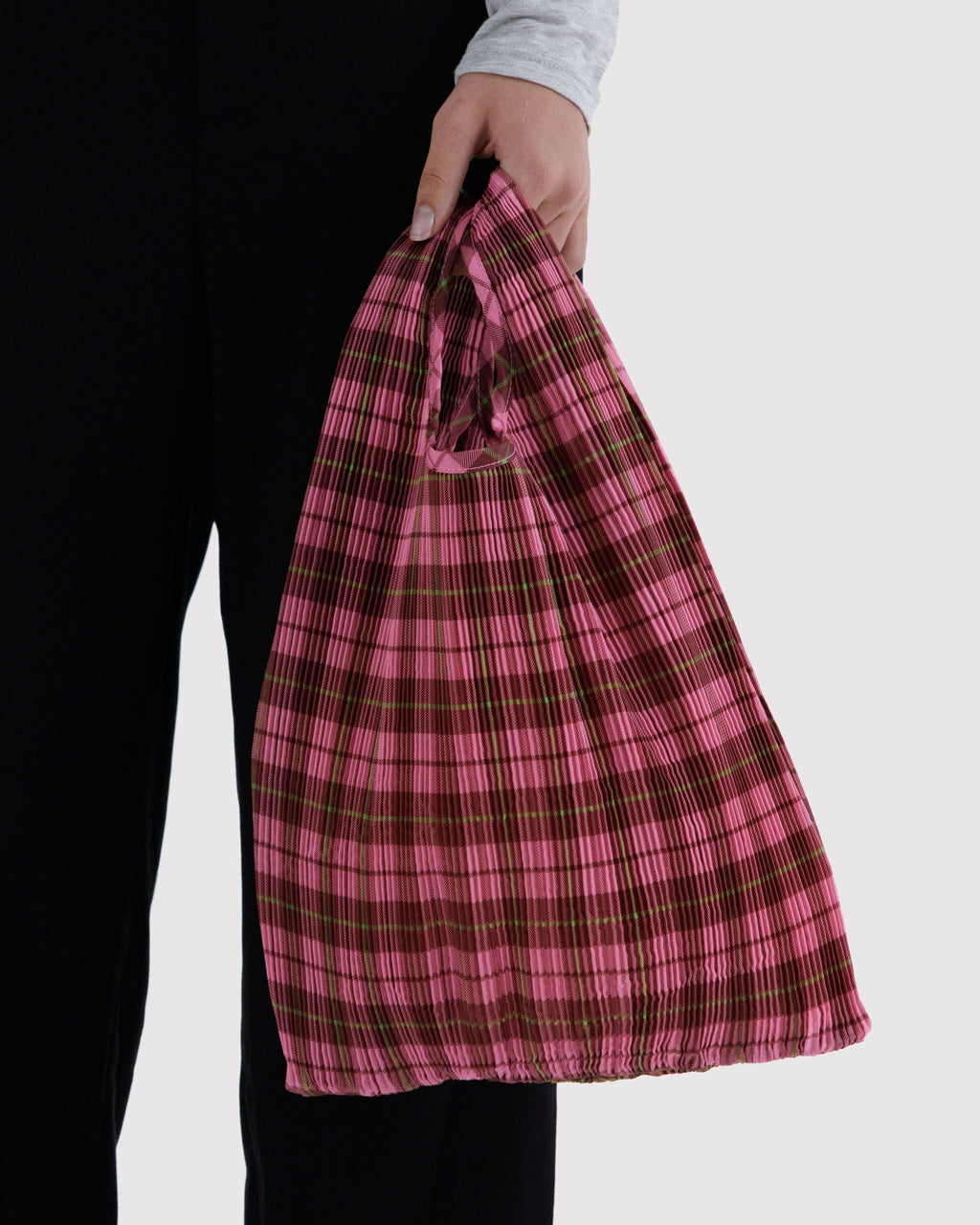 Pleated Baggu in Azalea Pink Tartan for Colorful Daily Shopping