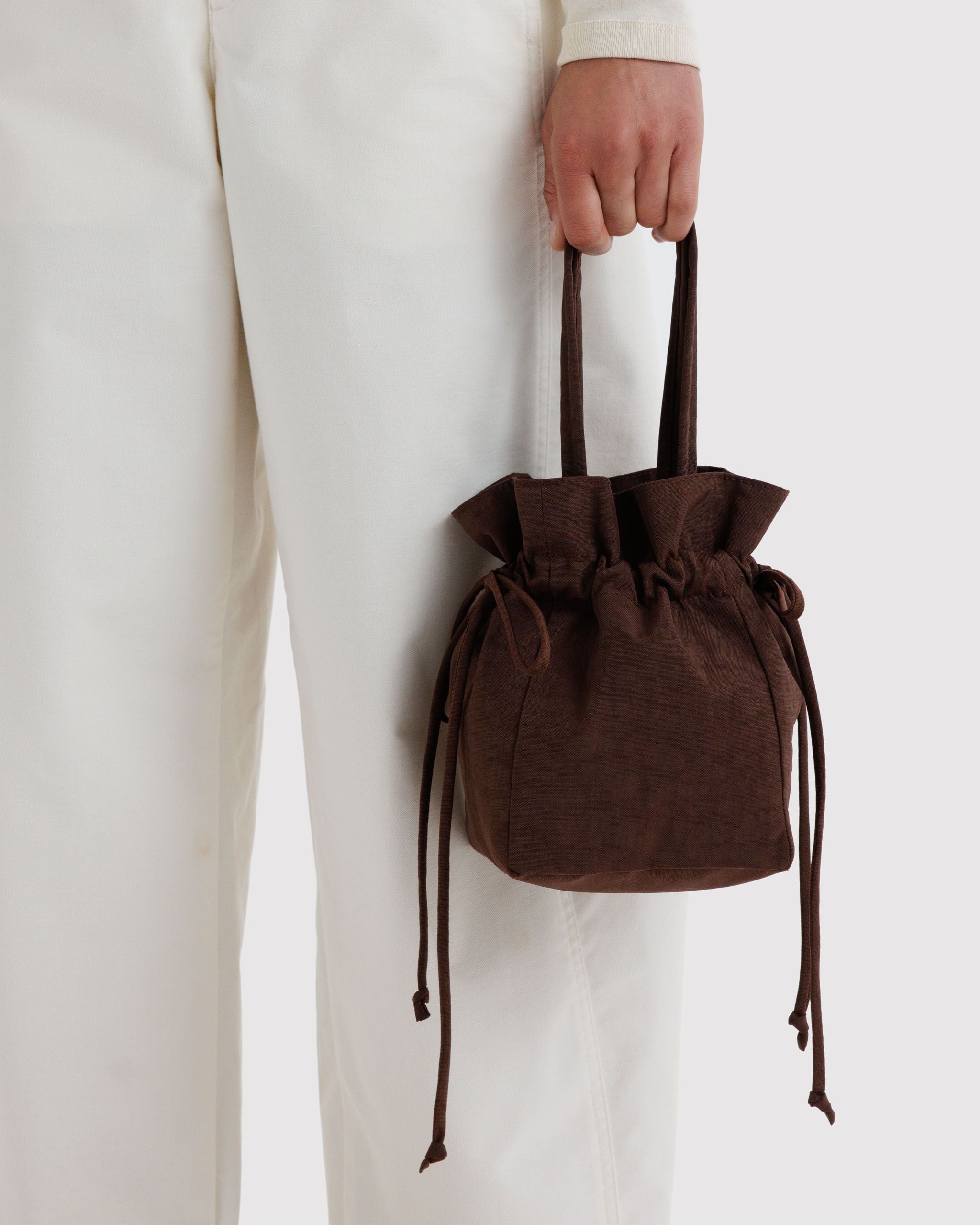 Nylon Drawstring Bag in Coffee for Comfortable Crossbody Style
