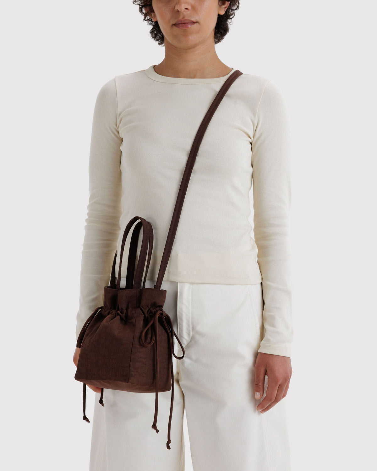 Nylon Drawstring Bag in Coffee for Comfortable Crossbody Style