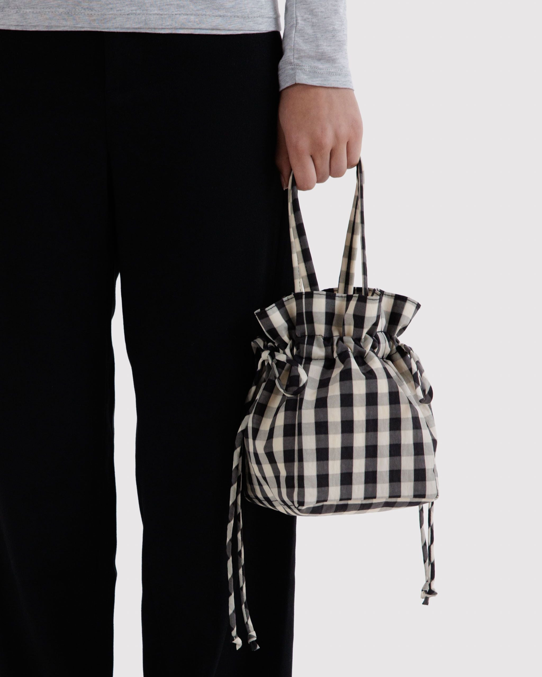 Nylon Drawstring Bag in Black and Cream Gingham - Practical Use