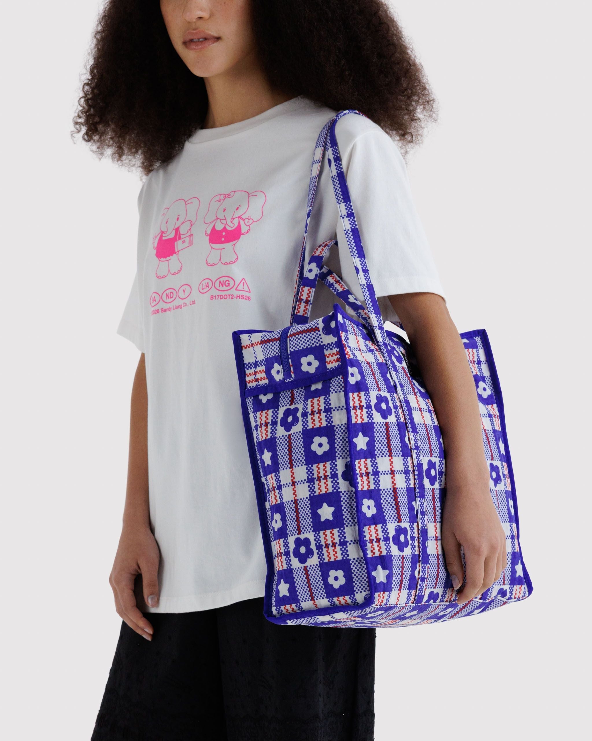 Large Nylon Market Bag in Market Plaid Blue - Practical Use