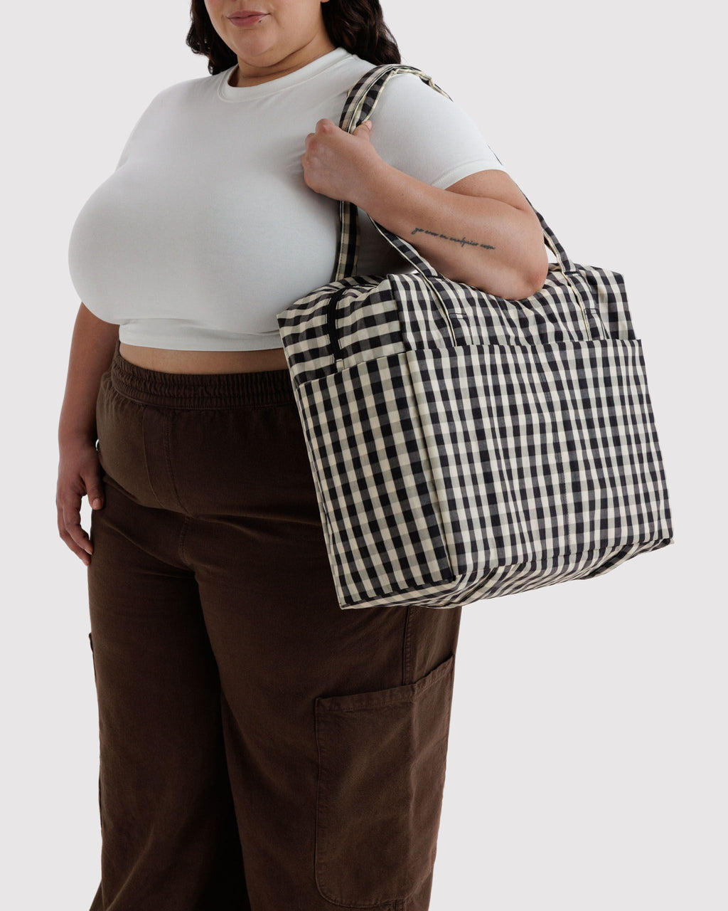 Cloud Carry-On in Black and Cream Gingham for Flexible Weekend Travel