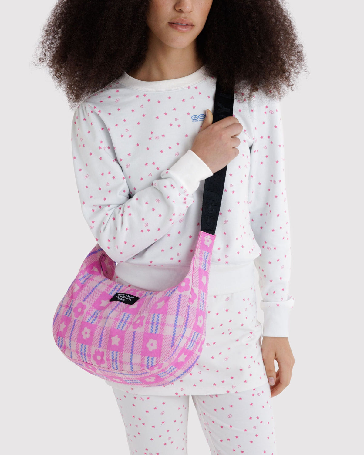 Medium Nylon Crescent Bag in Market Plaid Pink - Practical Use