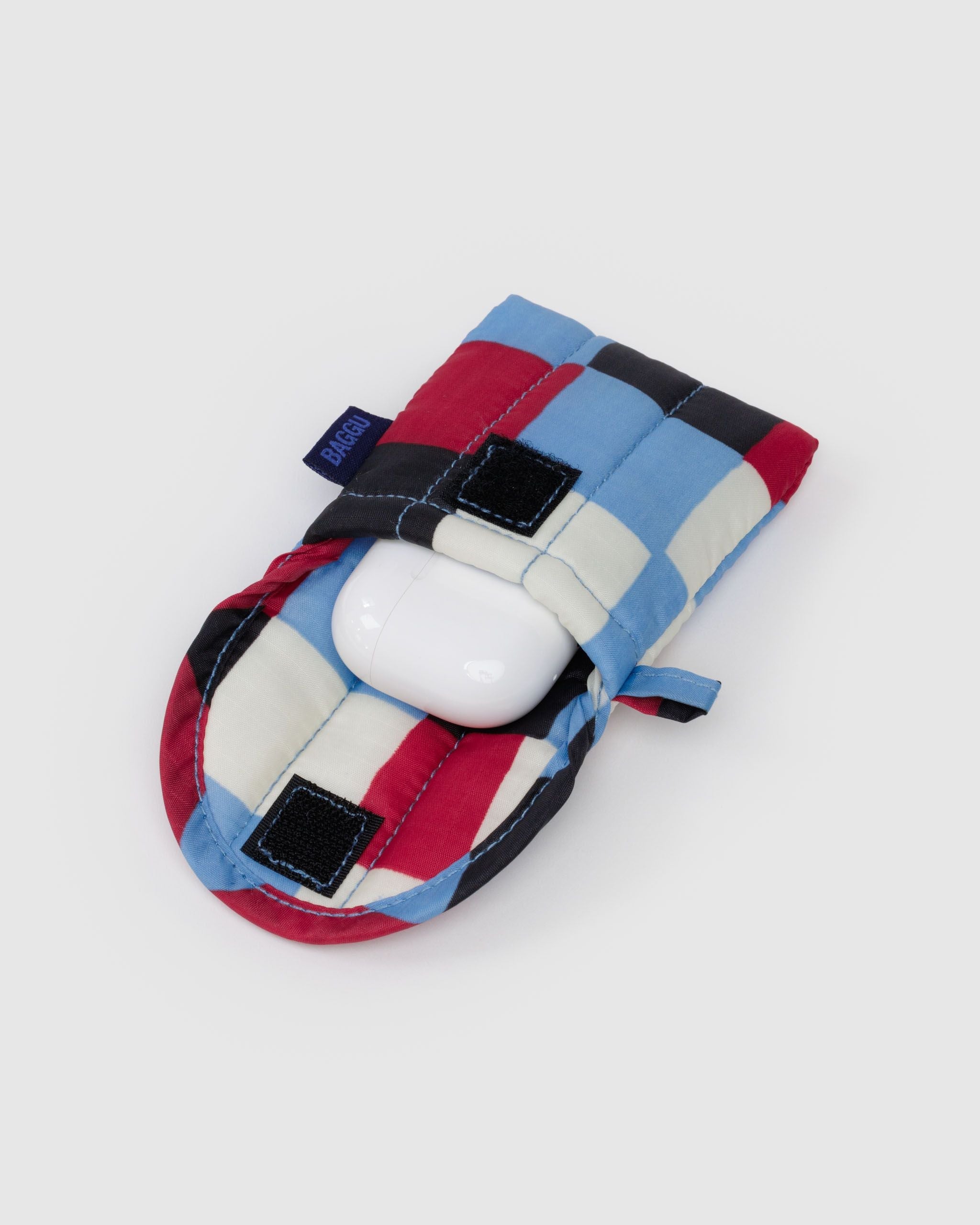 Puffy Earbuds Case in Painted Check for Lightweight Device Storage