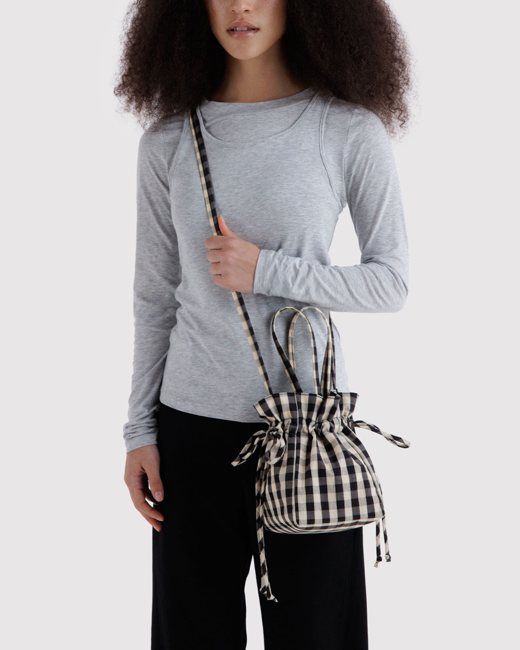 Nylon Drawstring Bag in Black and Cream Gingham - Practical Use