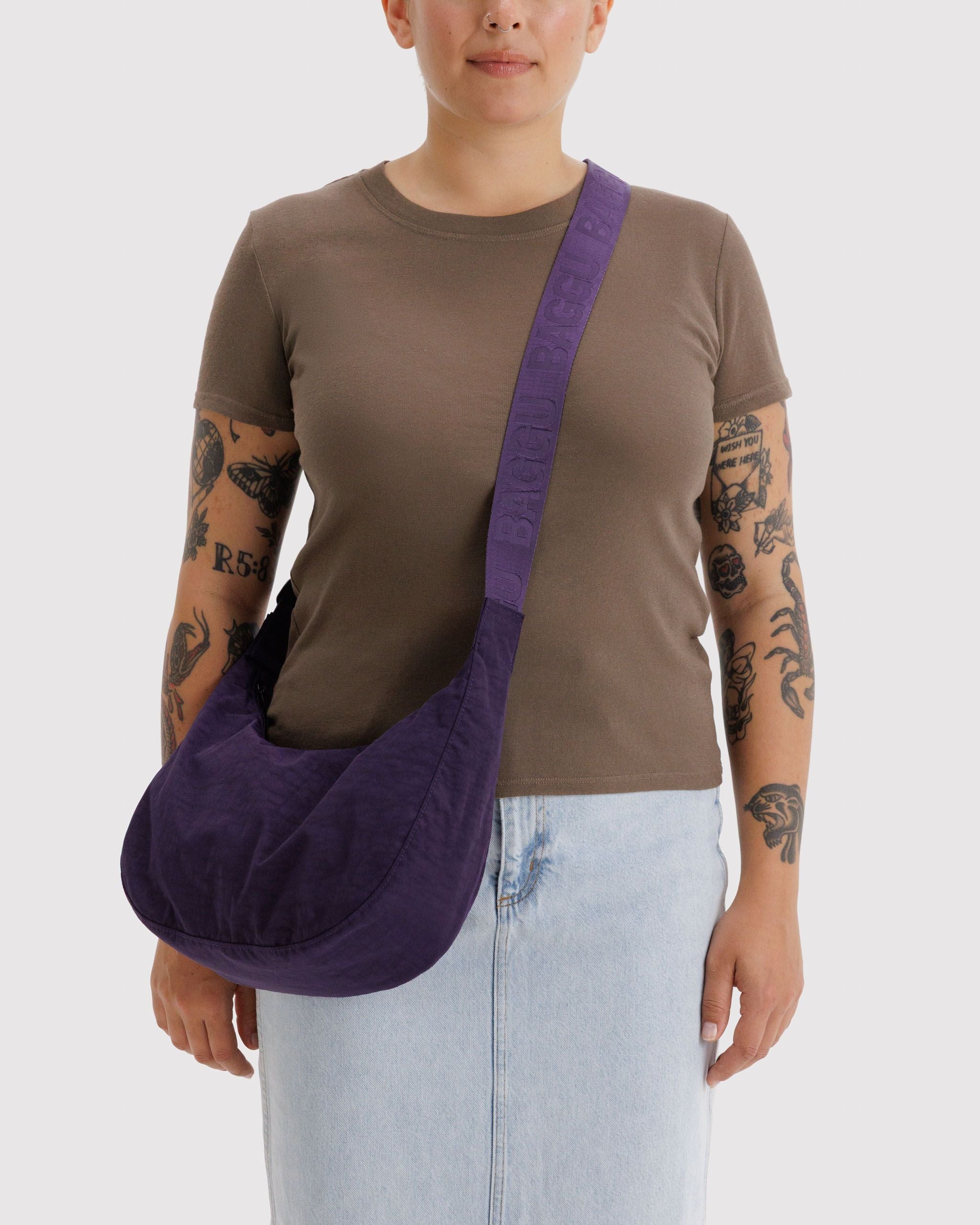 Medium Nylon Crescent Bag in Fig for Comfortable Crossbody Style