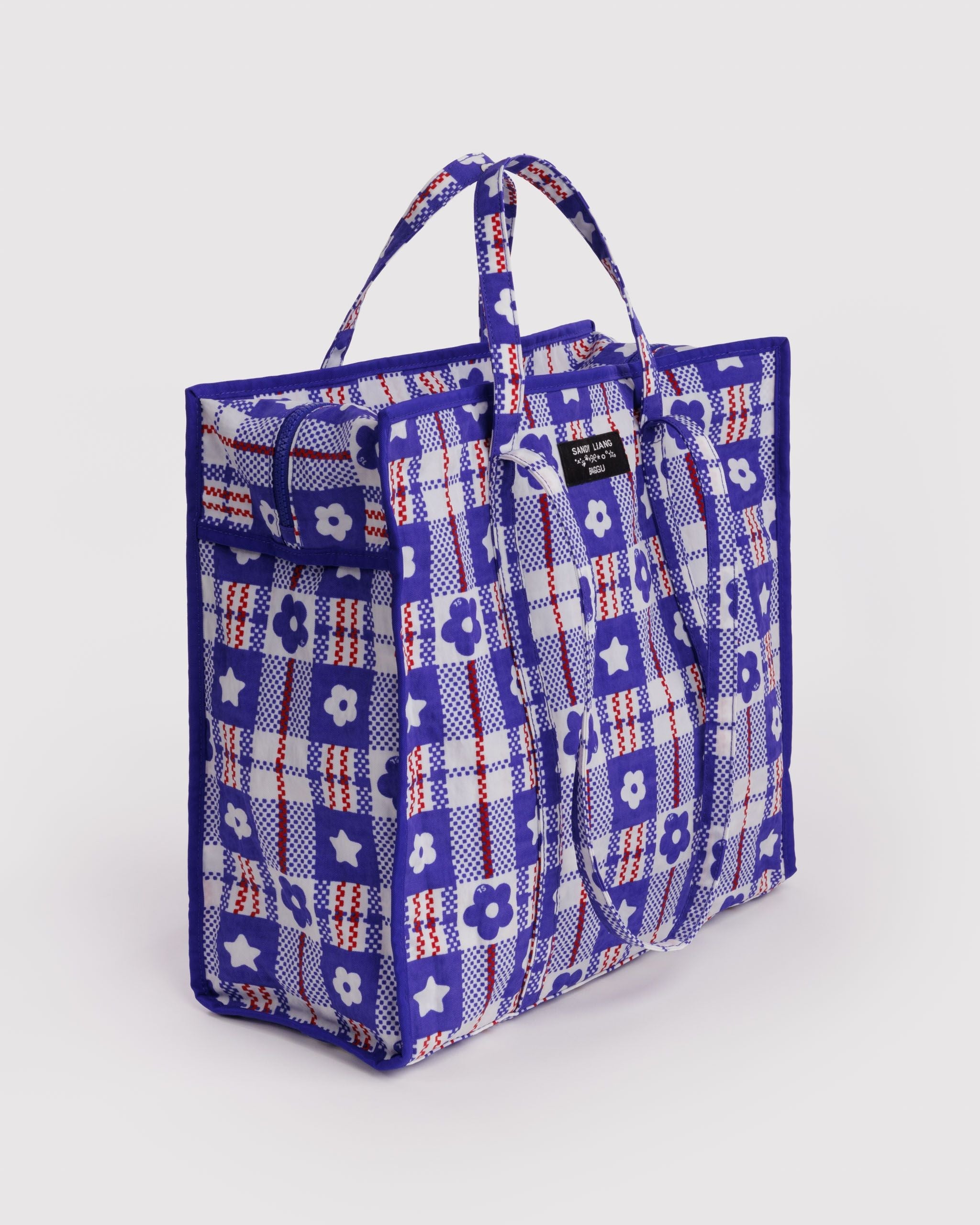 Large Nylon Market Bag in Market Plaid Blue - Practical Use