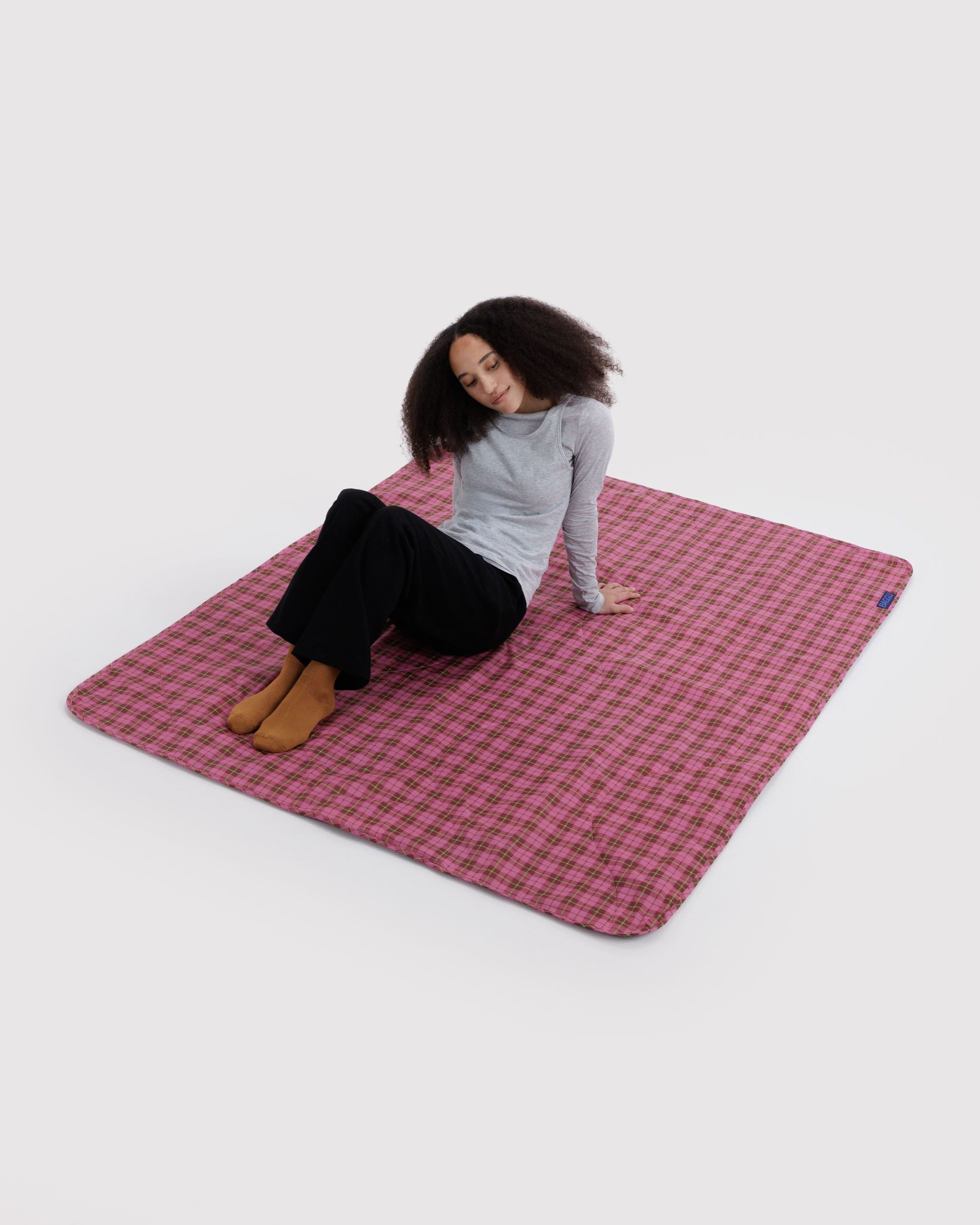 Puffy Picnic Blanket in Azalea Pink Tartan for Easy Picnic Essential