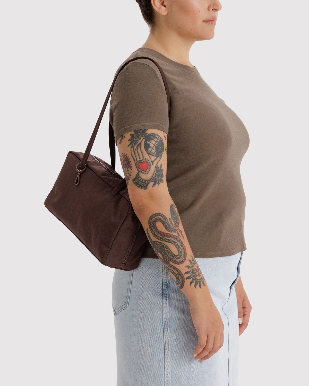 Nylon Bowler Bag in Coffee for Comfortable Crossbody Style