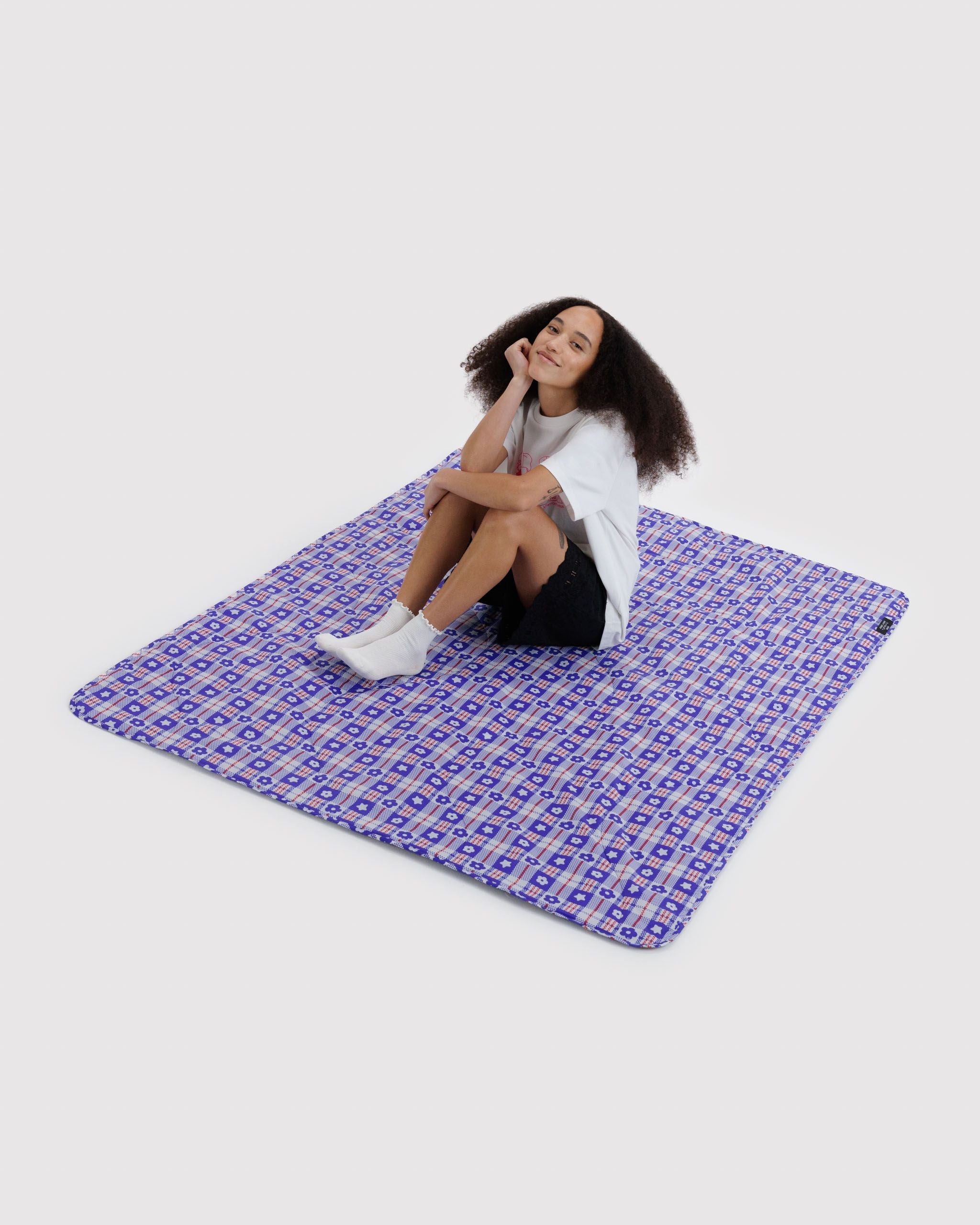 Puffy Picnic Blanket in Market Plaid Blue for Easy Picnic Essential