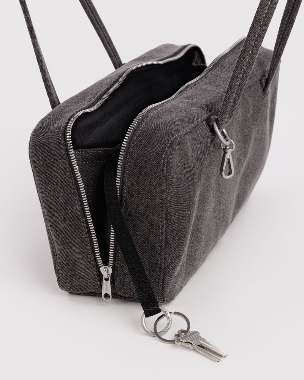 Denim Bowler Bag in Washed Black Denim for Comfortable Crossbody Style