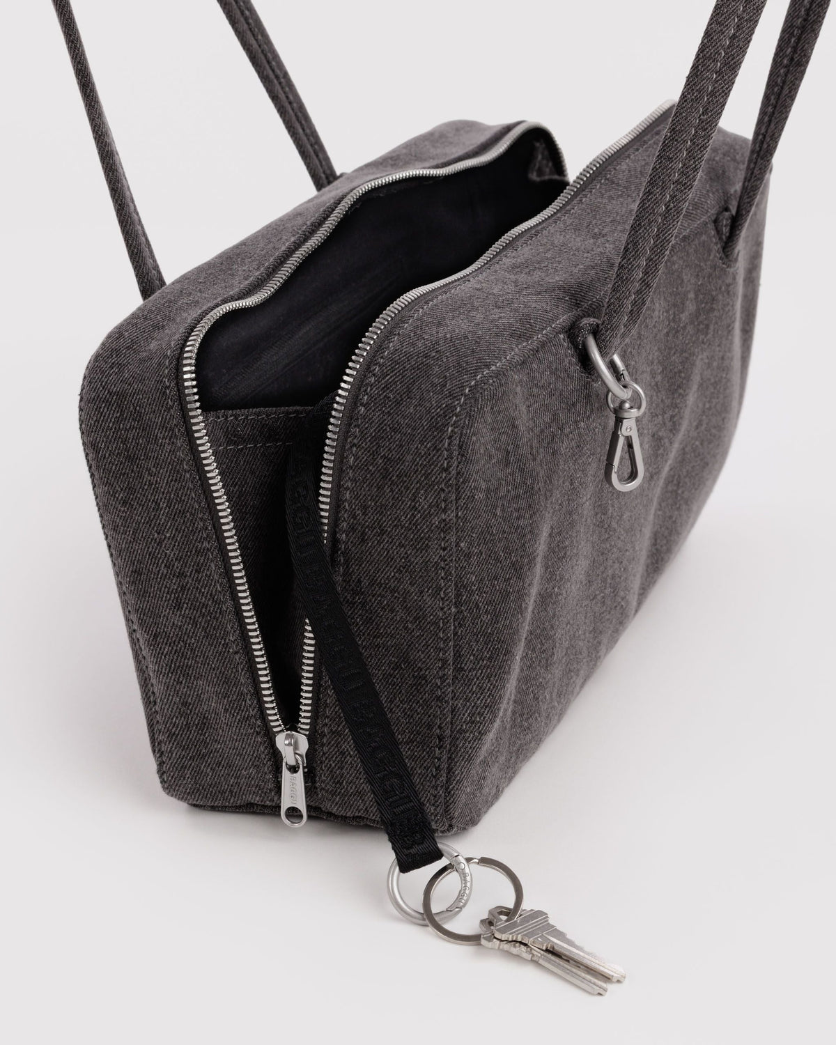 Denim Bowler Bag in Washed Black Denim for Comfortable Crossbody Style