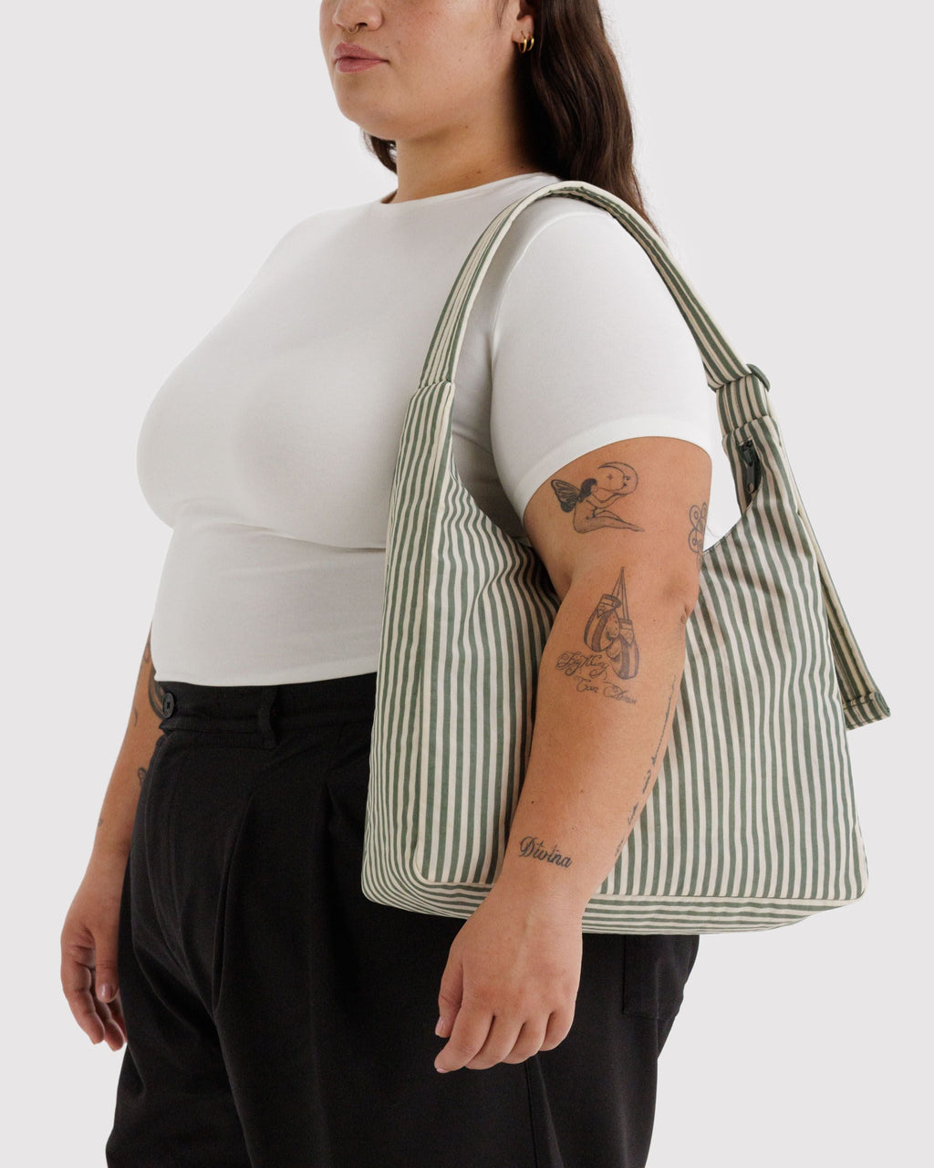 Nylon Shoulder Bag in Sage Stripe for Comfortable Crossbody Style
