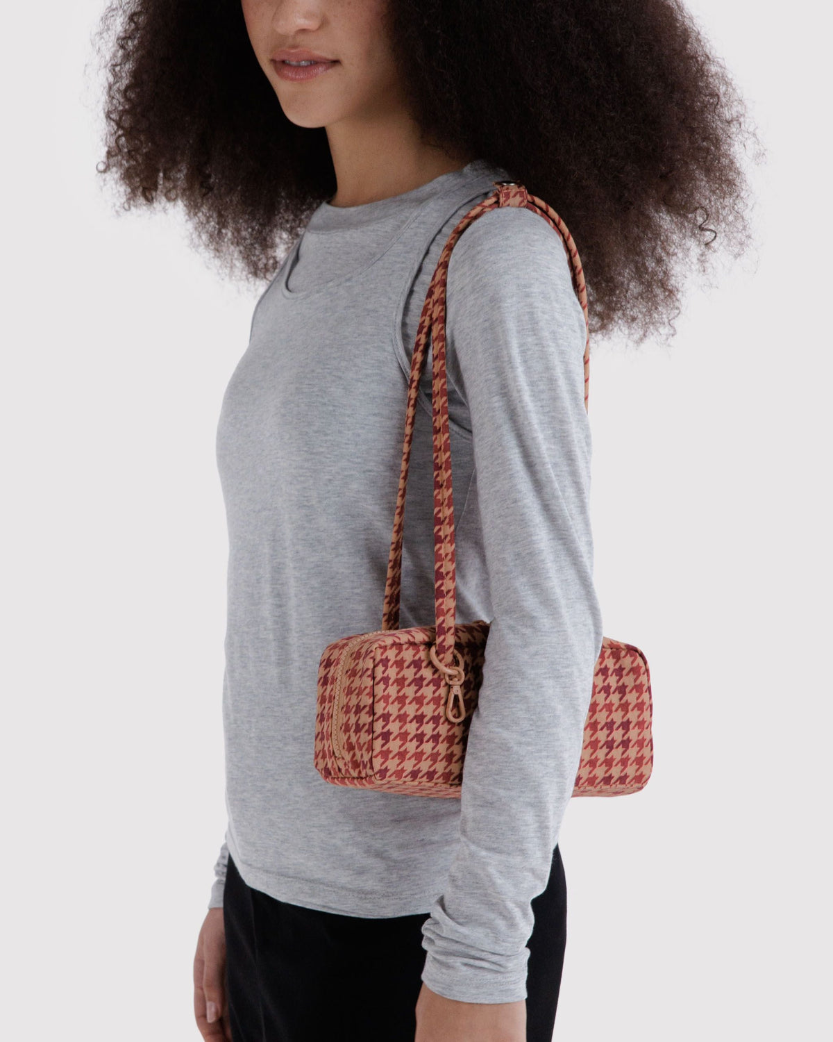 Small Nylon Bowler Bag in Tan Houndstooth - Practical Use
