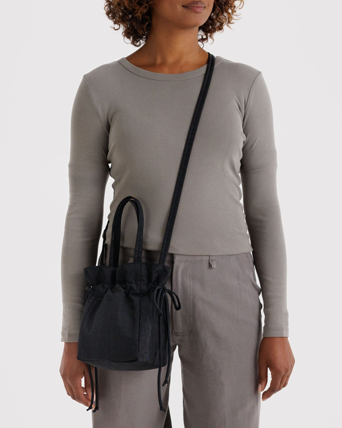 Nylon Drawstring Bag in Black for Comfortable Crossbody Style