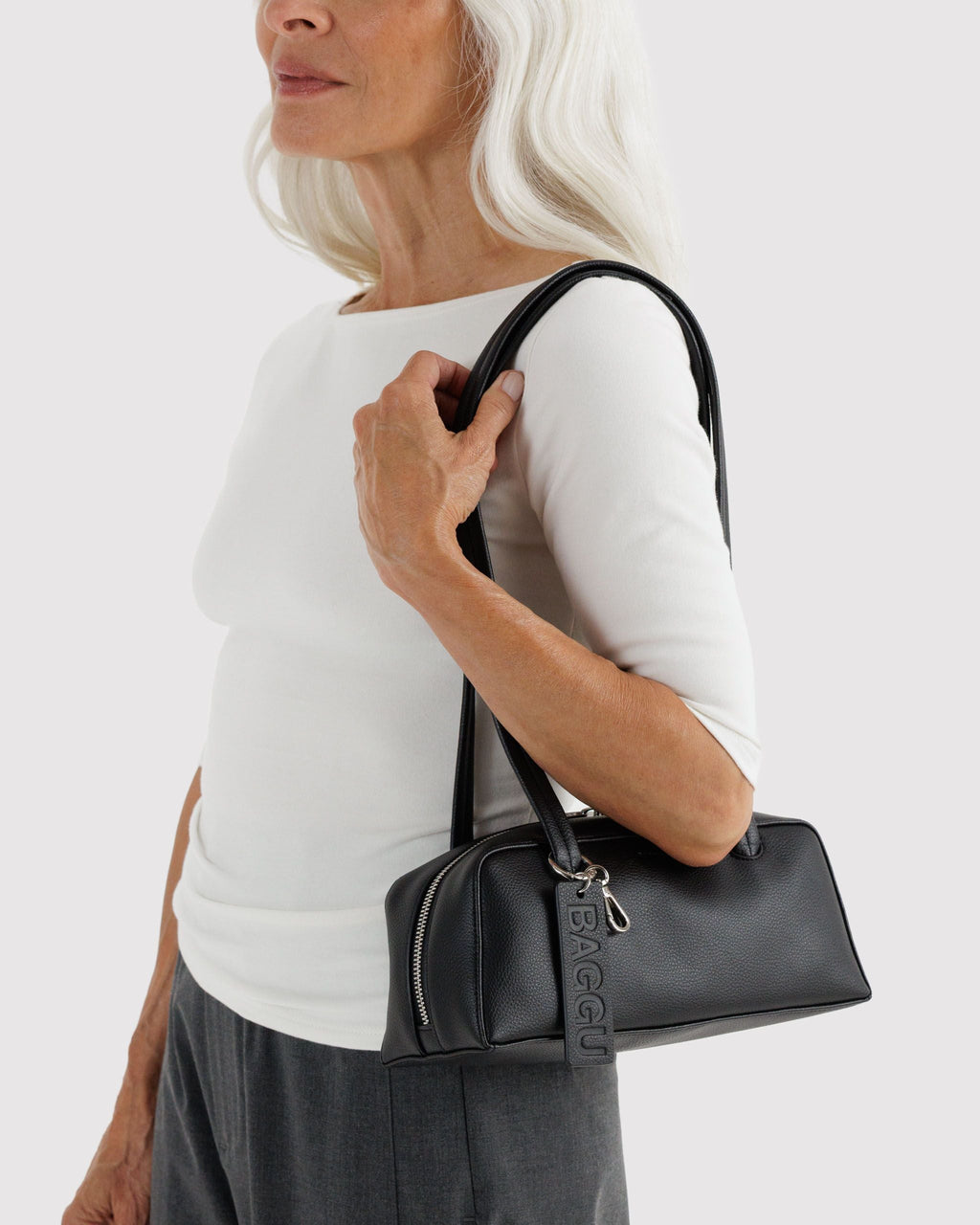 Small Recycled Leather Bowler Bag in Black - Practical Use