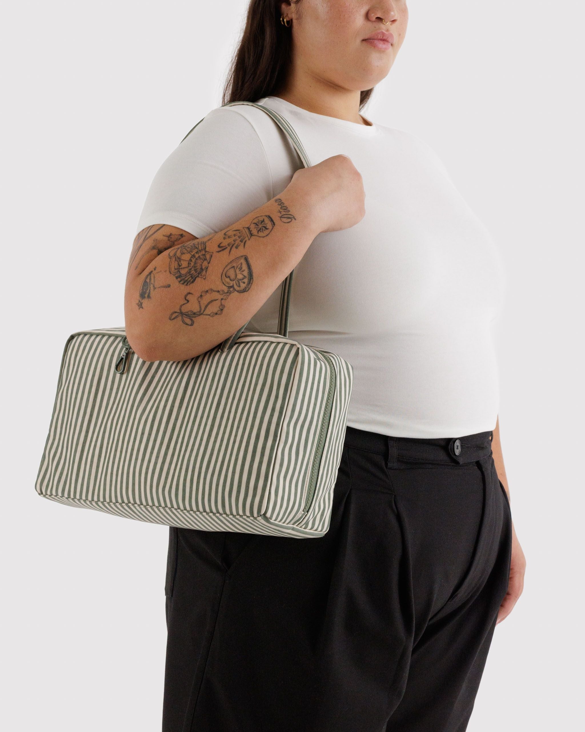 Medium Nylon Bowler Bag in Sage Stripe for Comfortable Crossbody Style