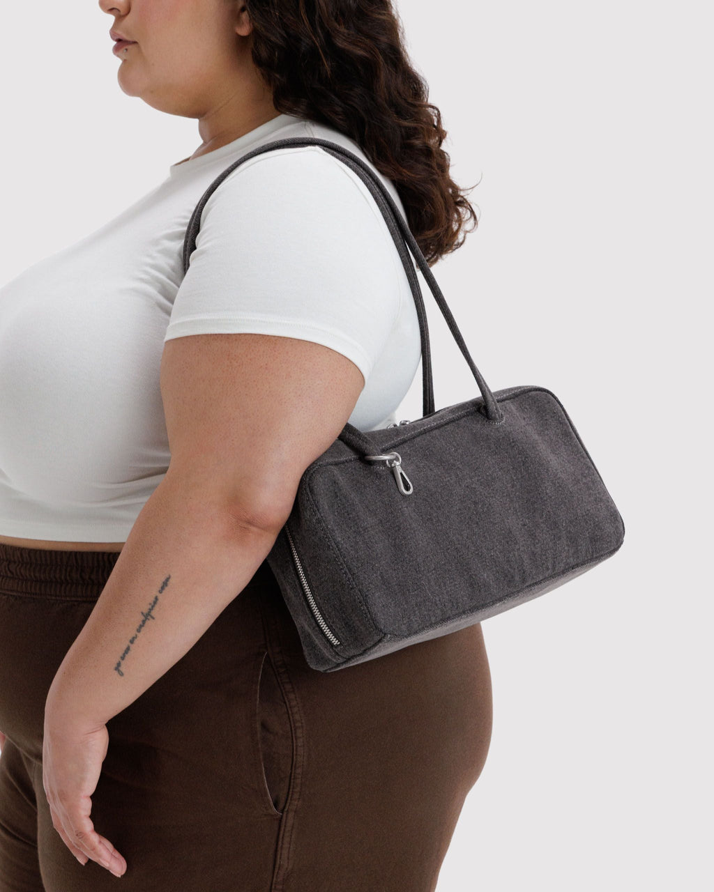 Denim Bowler Bag in Washed Black Denim for Comfortable Crossbody Style