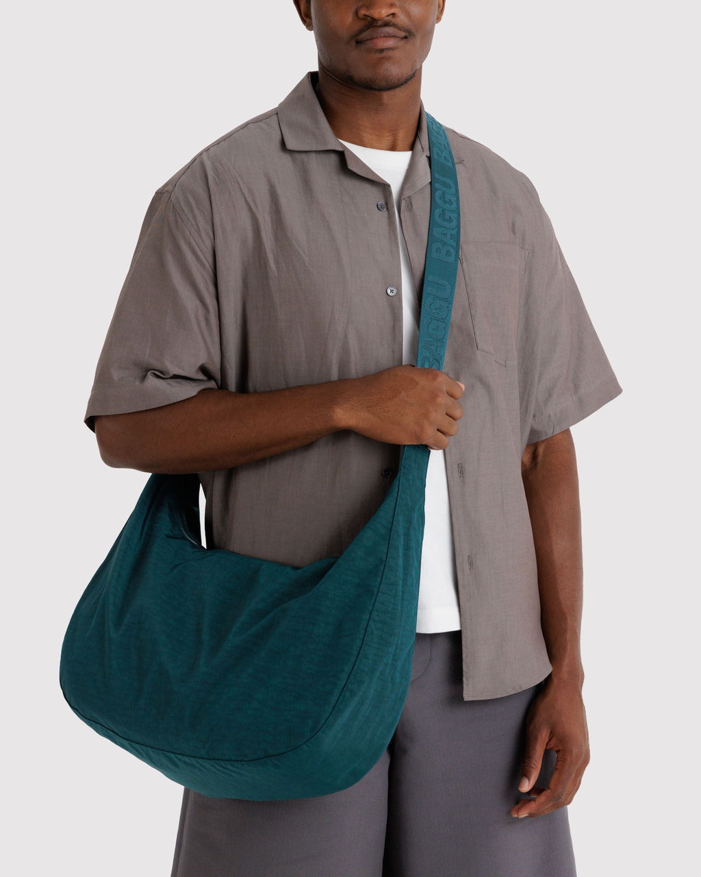Large Nylon Crescent Bag in Deep Sea for Comfortable Crossbody Style