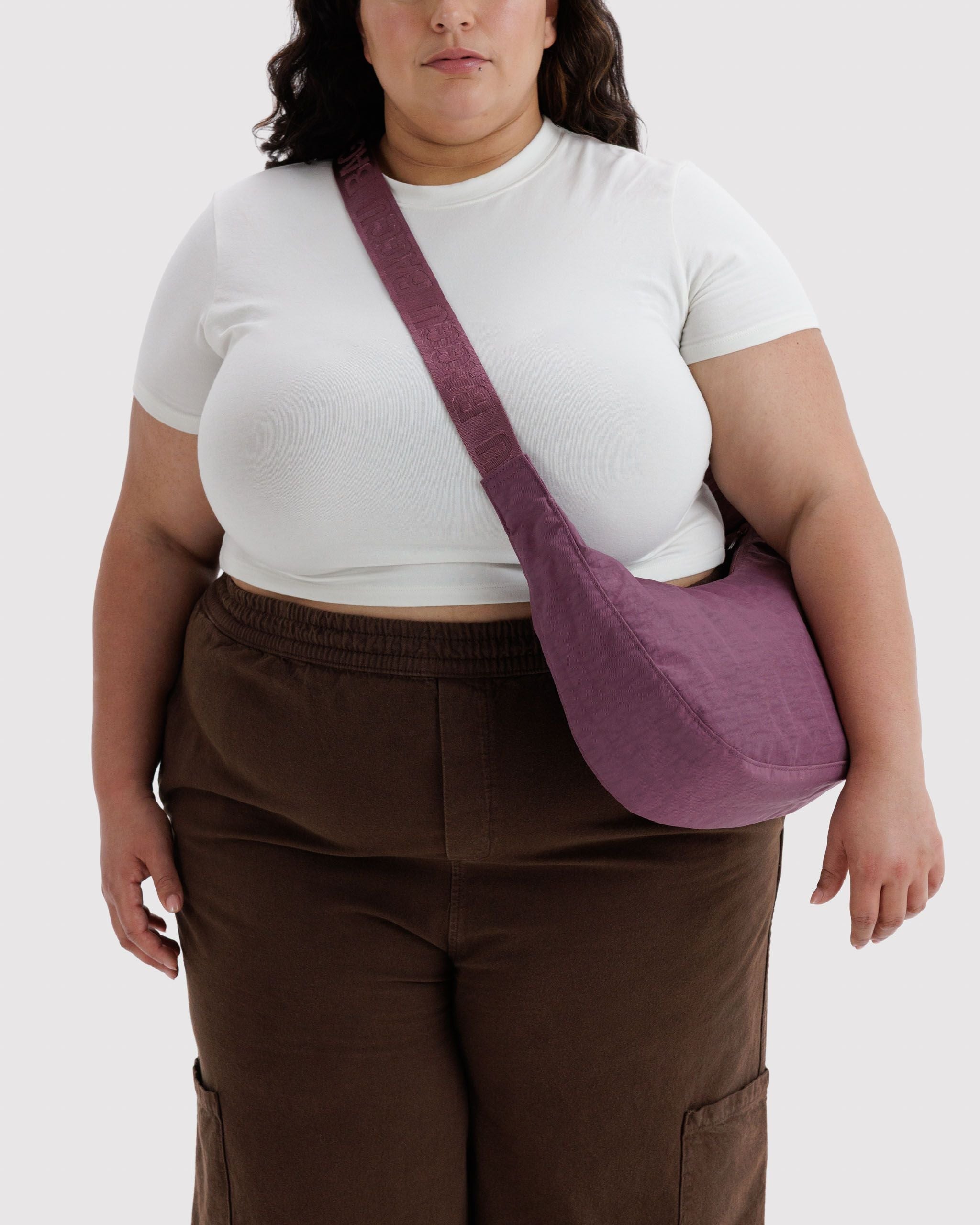 Medium Nylon Crescent Bag in Wild Plum for Comfortable Crossbody Style