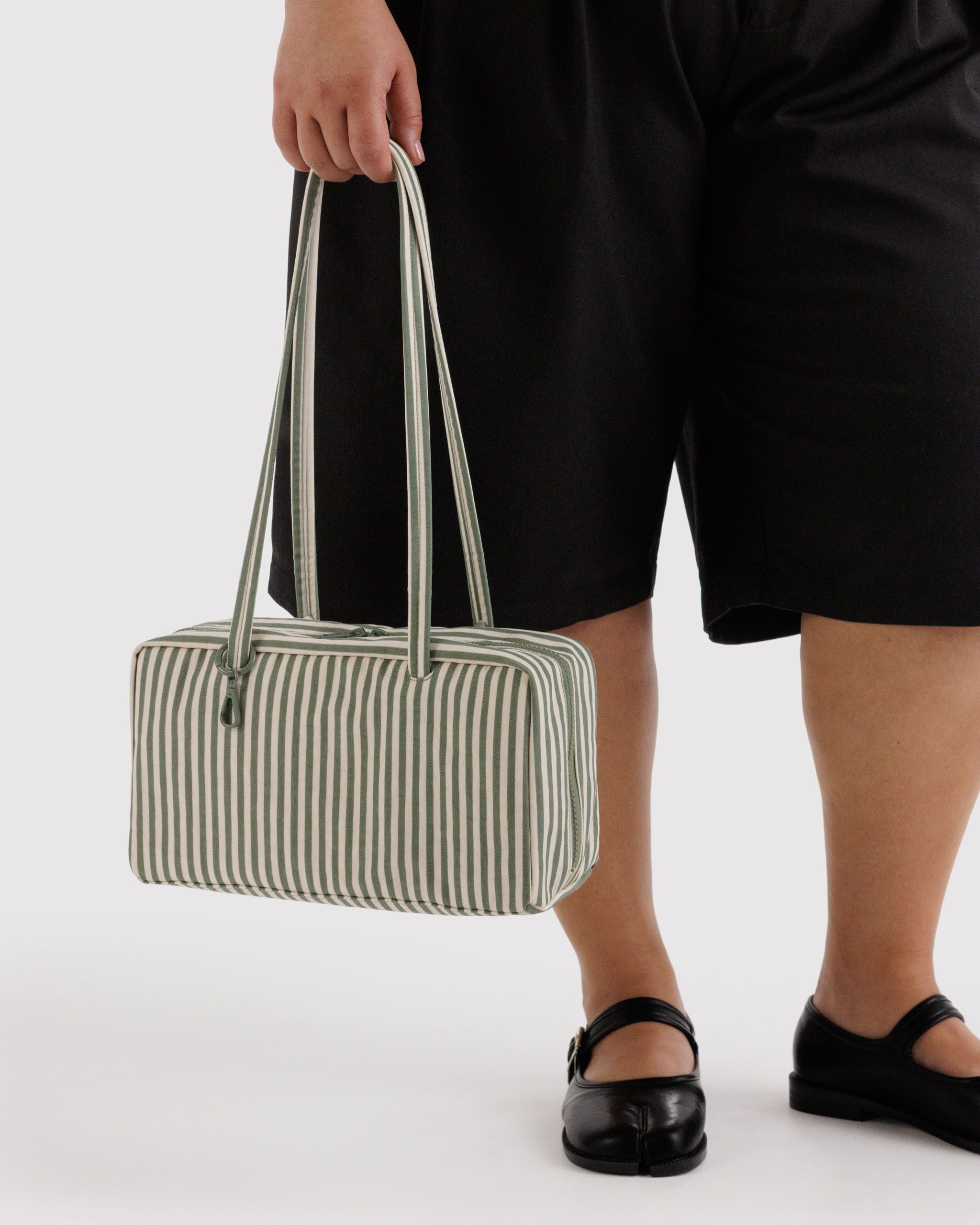 Nylon Bowler Bag in Sage Stripe for Comfortable Crossbody Style