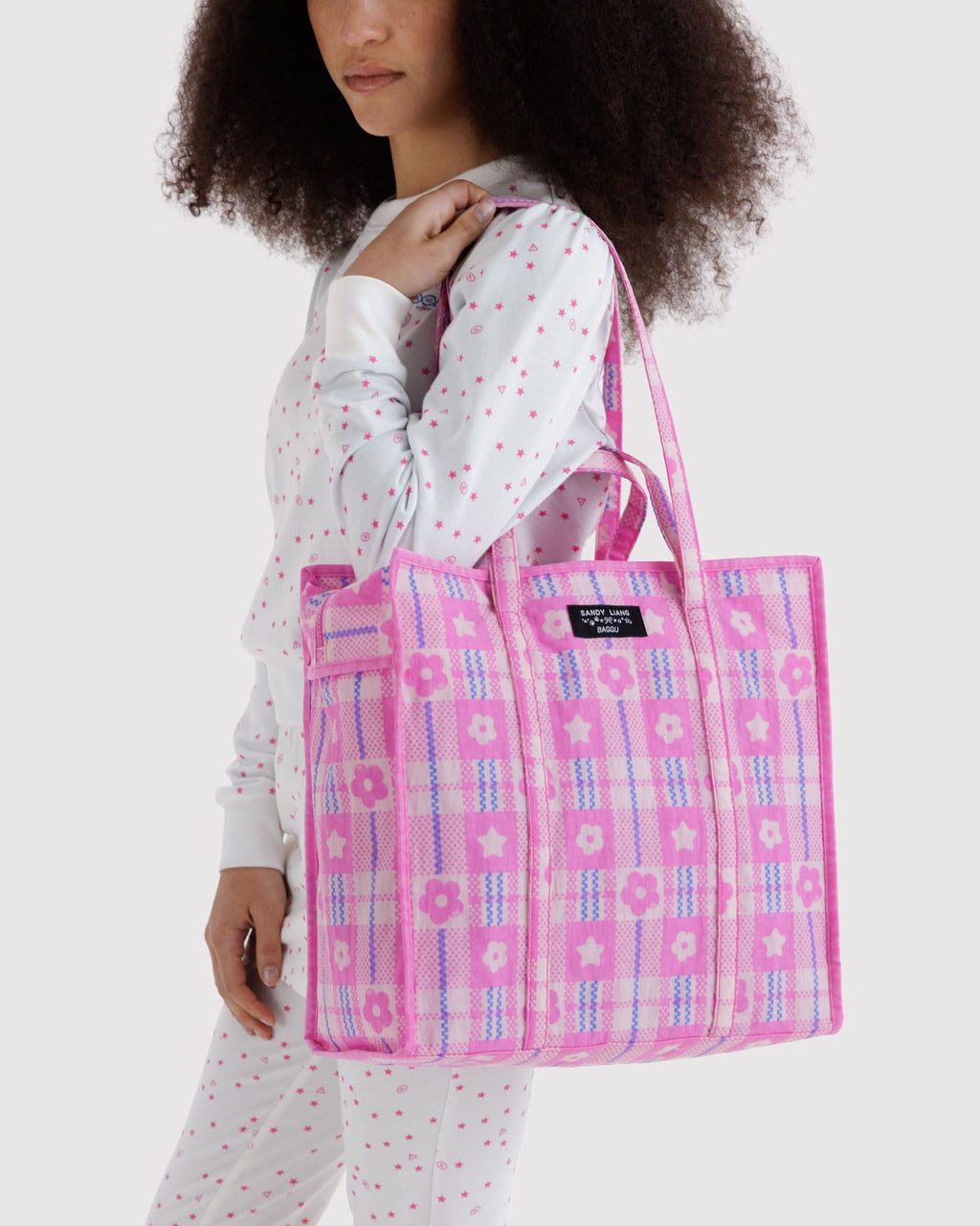 Large Nylon Market Bag in Market Plaid Pink - Practical Use