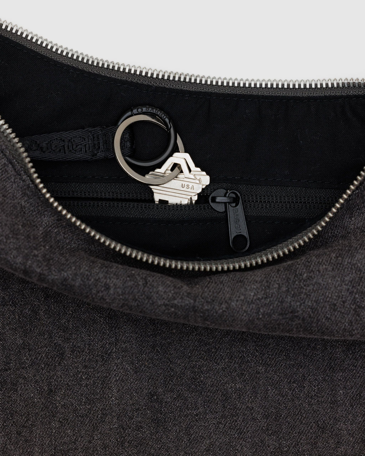 Medium Denim Crescent Bag in Washed Black Denim - Practical Use