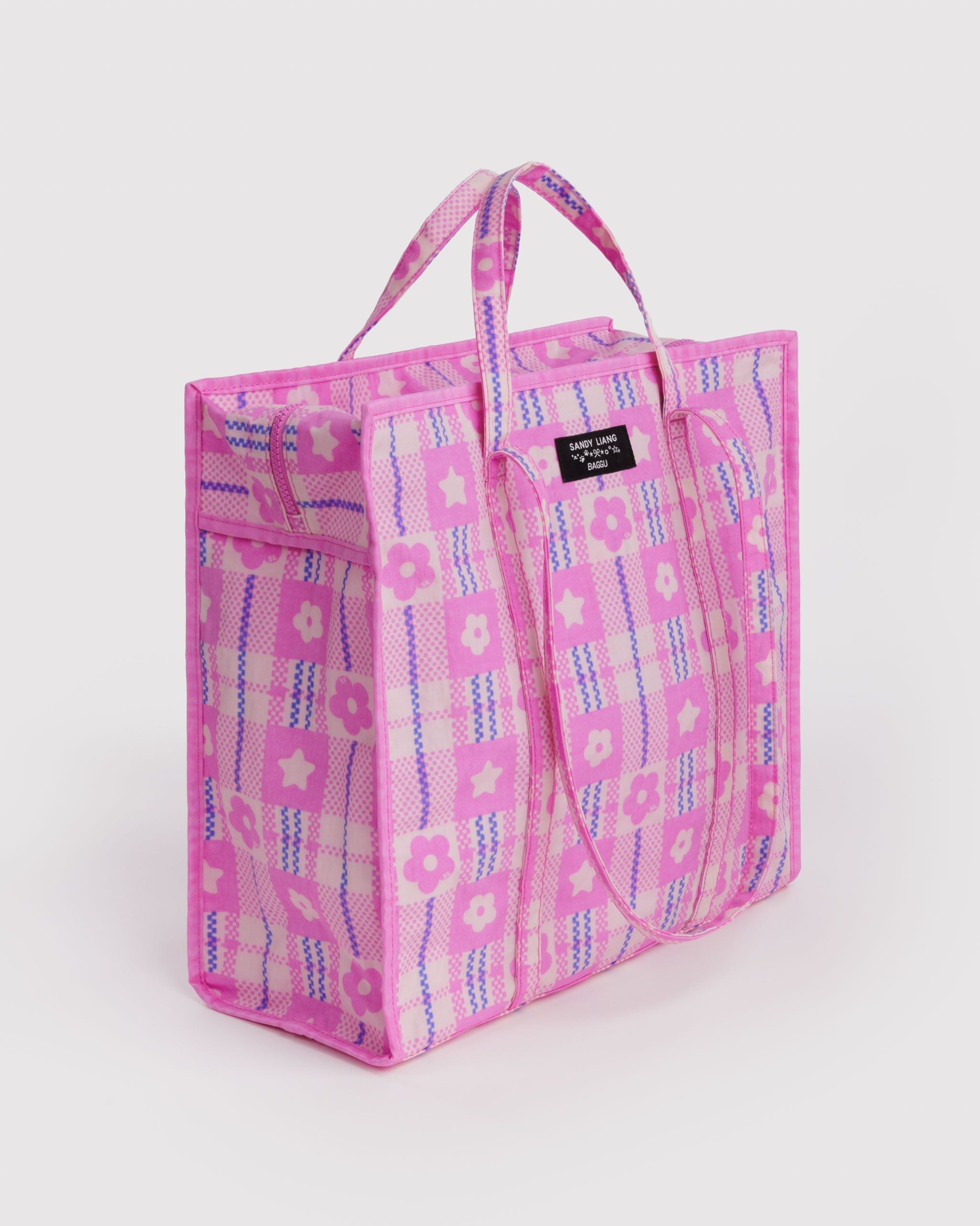 Large Nylon Market Bag in Market Plaid Pink - Practical Use