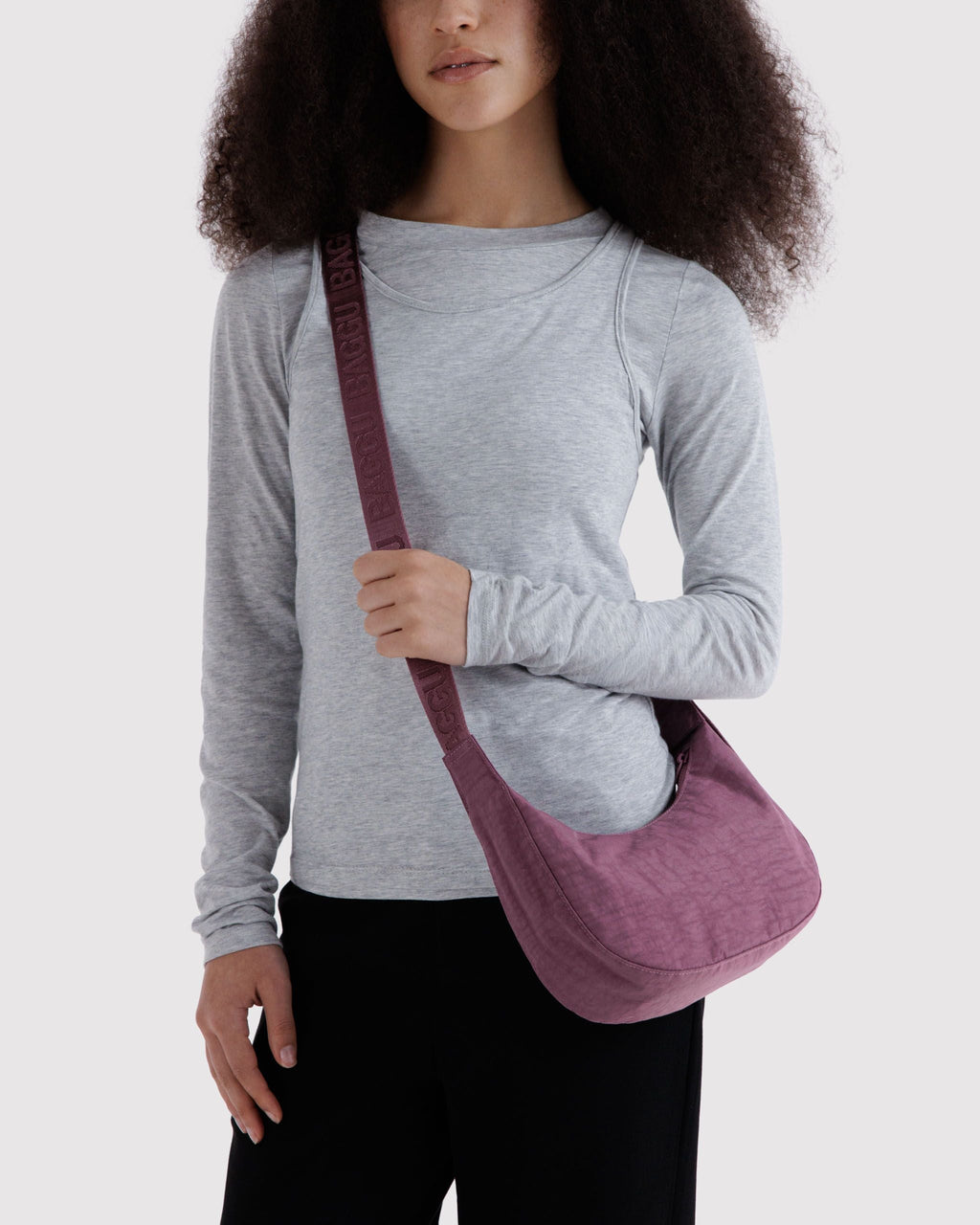 Small Nylon Crescent Bag in Wild Plum for Comfortable Crossbody Style