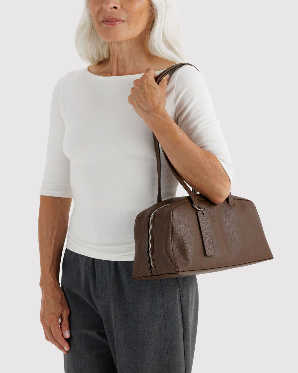 Recycled Leather Bowler Bag in Brown for Comfortable Crossbody Style