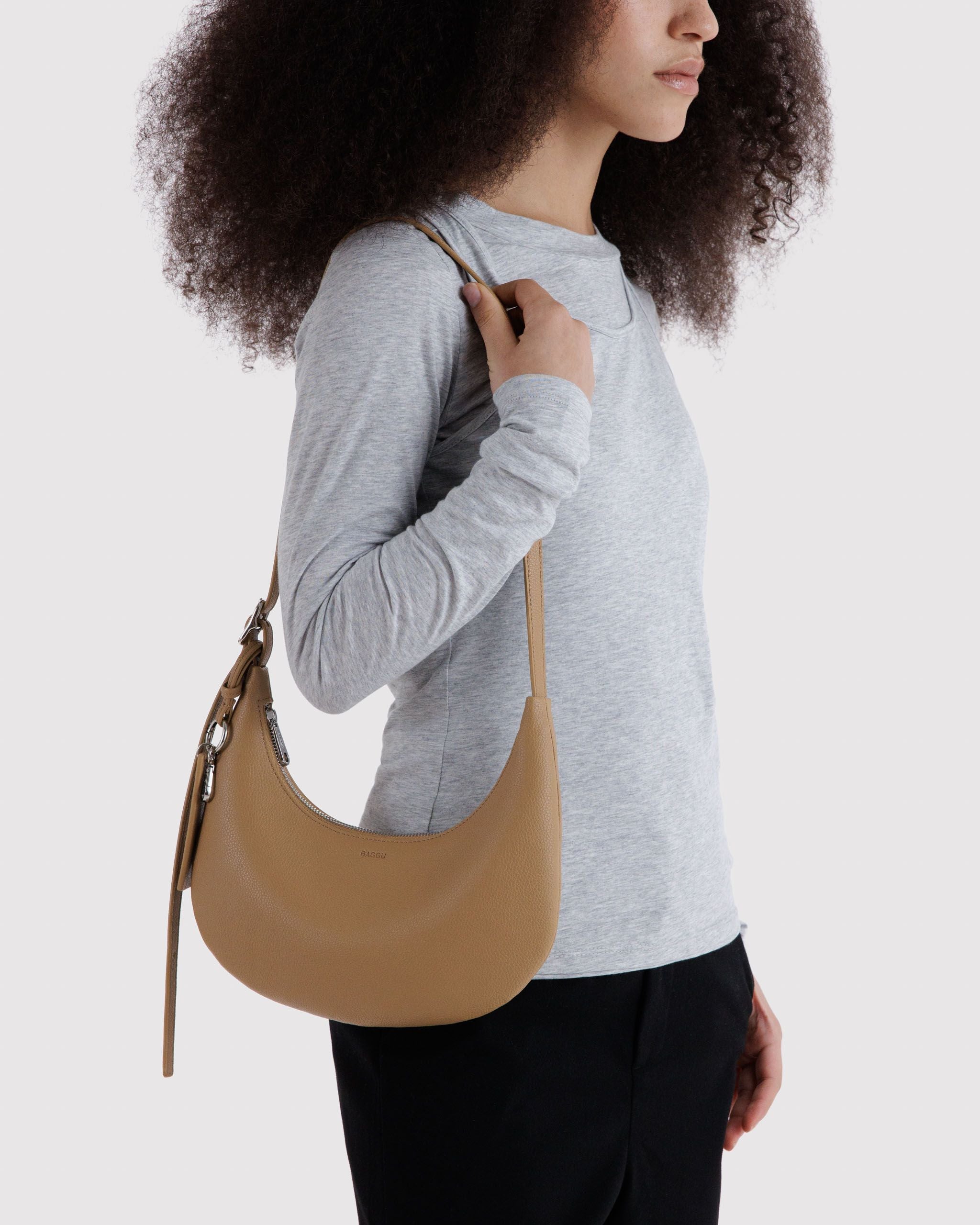 Small Recycled Leather Flat Crescent in Dune for Easy Everyday Style