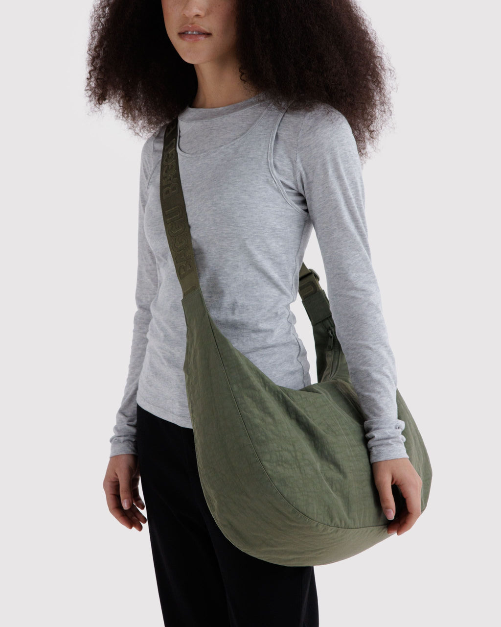 Large Nylon Crescent Bag in Caper for Comfortable Crossbody Style
