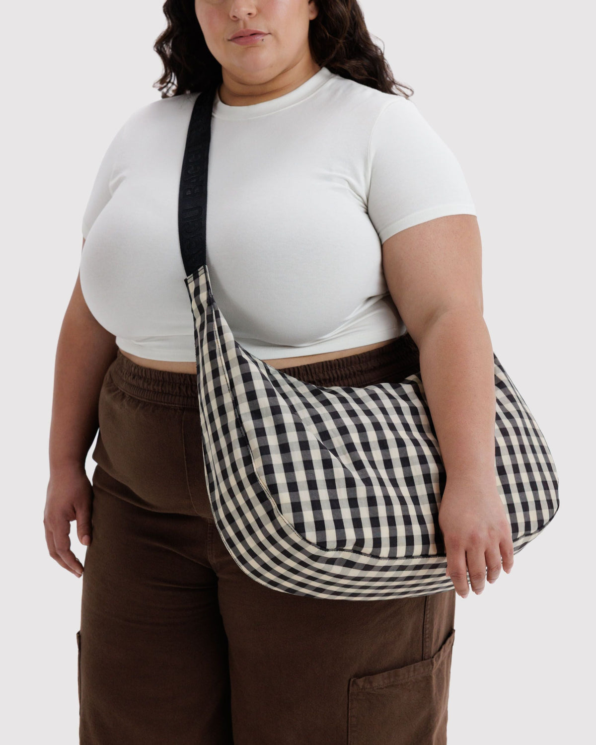 Large Nylon Crescent Bag in Black and Cream Gingham - Practical Use