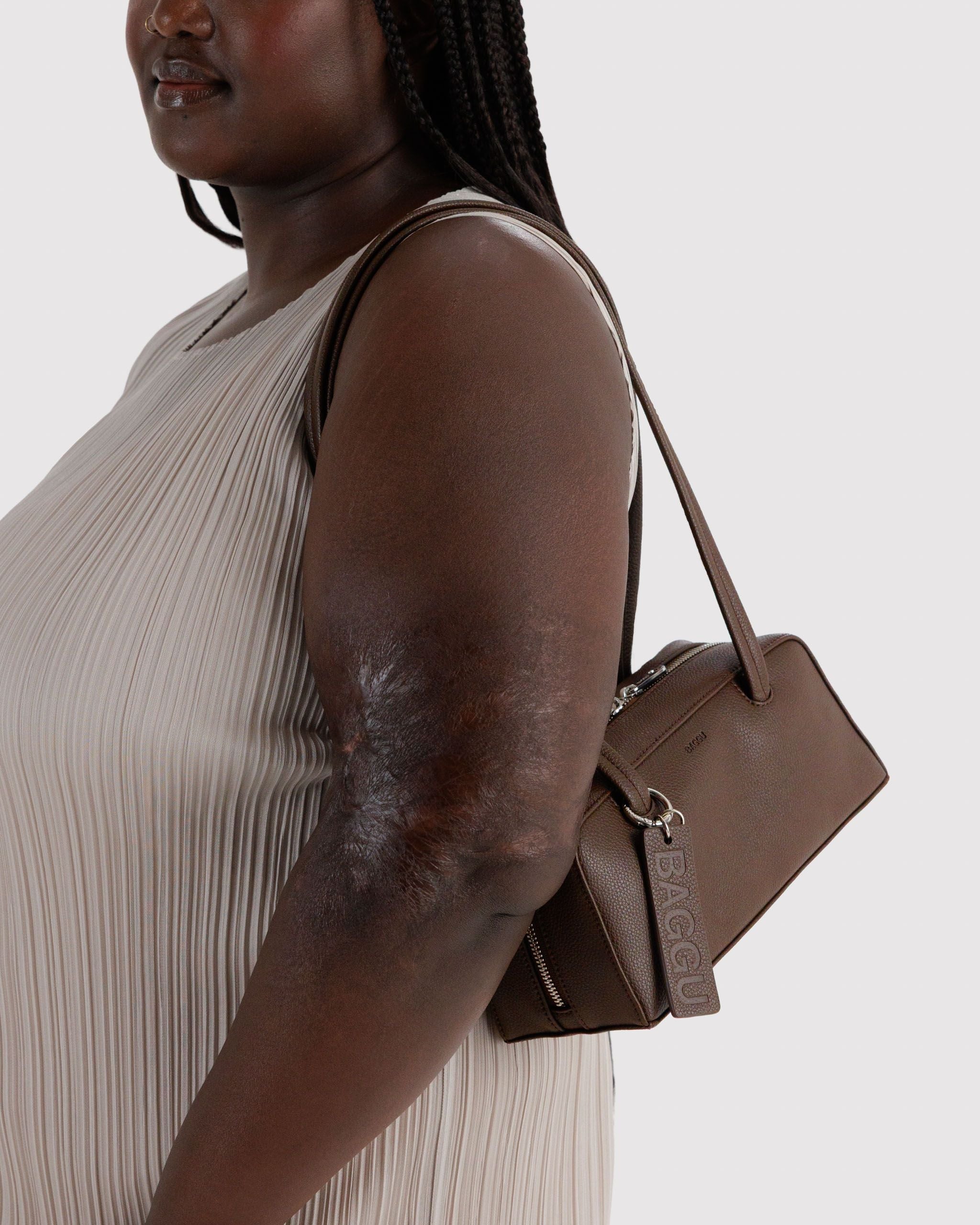 Small Recycled Leather Bowler Bag in Brown - Practical Use