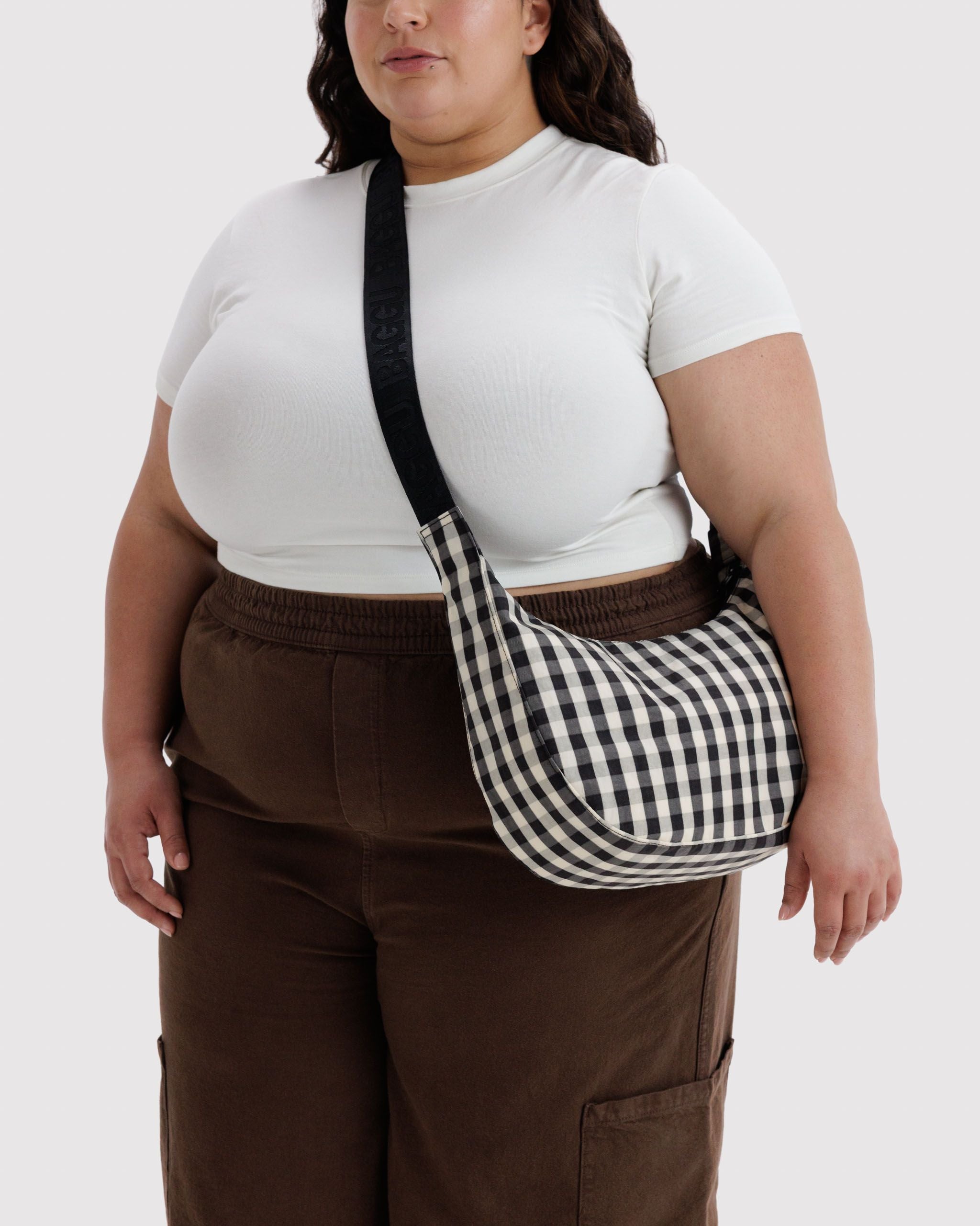 Medium Nylon Crescent Bag in Black and Cream Gingham - Practical Use