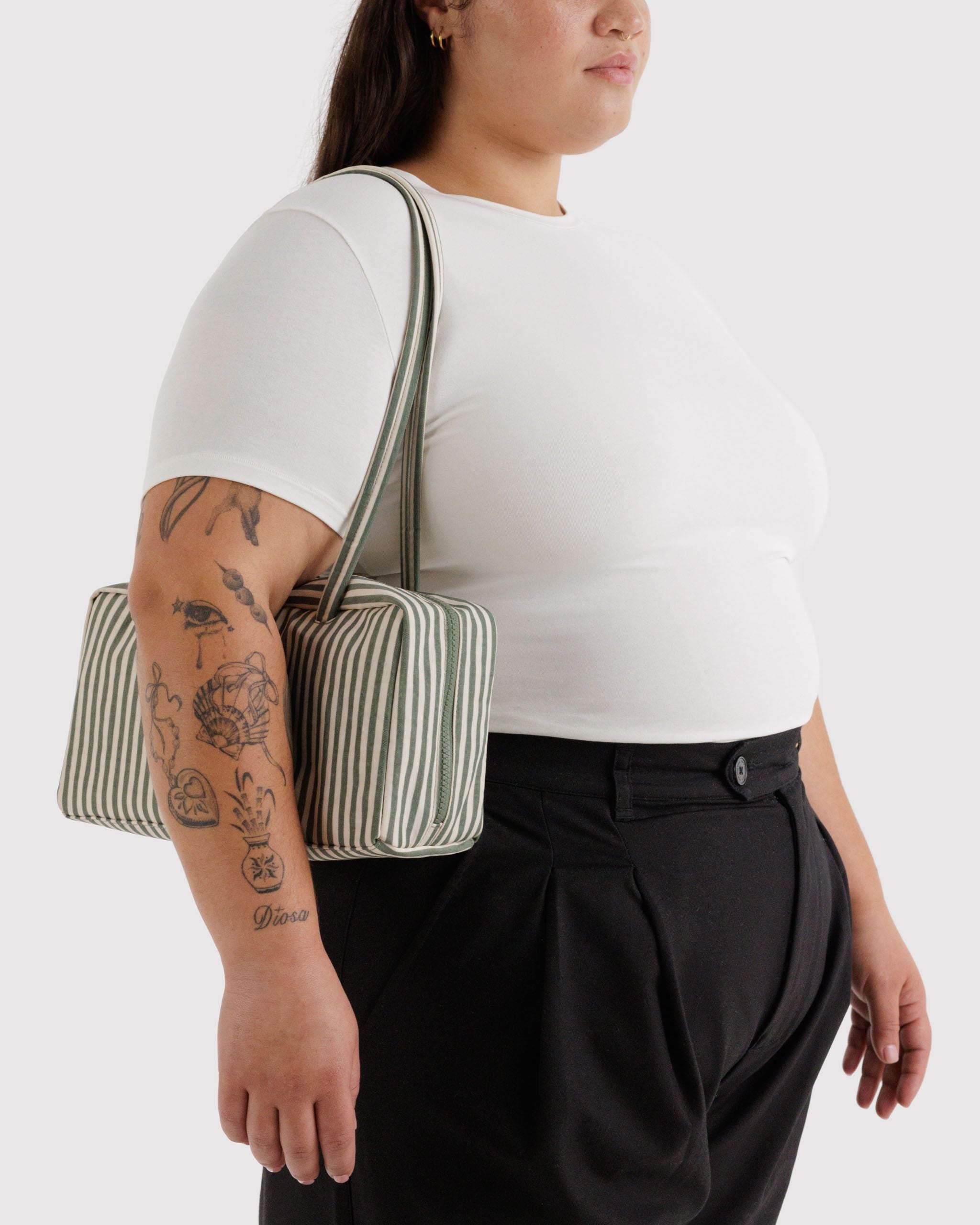 Nylon Bowler Bag in Sage Stripe for Comfortable Crossbody Style