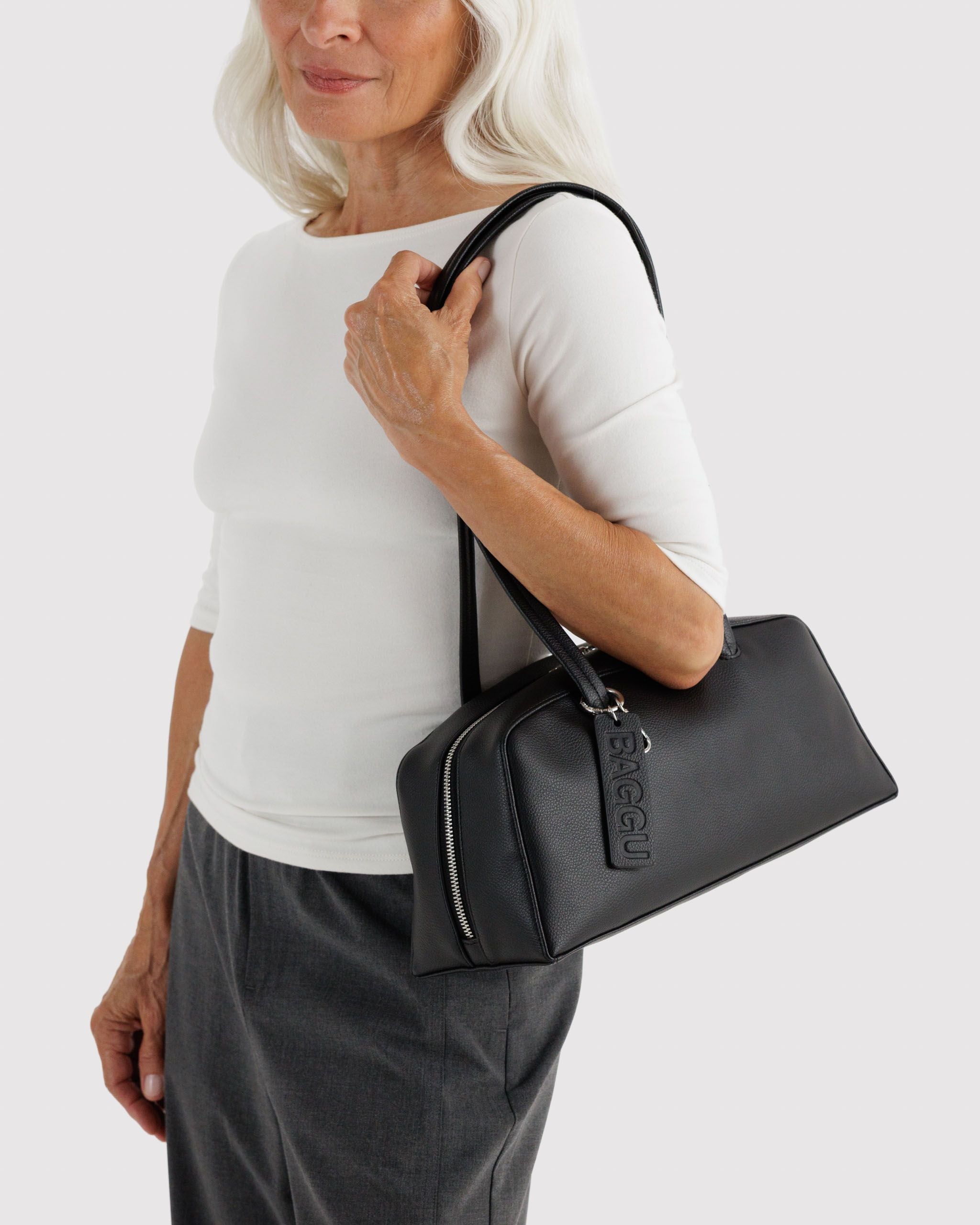 Recycled Leather Bowler Bag in Black for Comfortable Crossbody Style